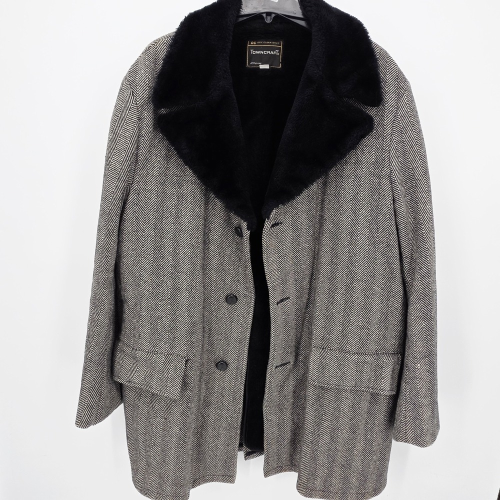Men's Herringbone Coat with Faux Fur Collar Towncraft Vintage Black JcPenny